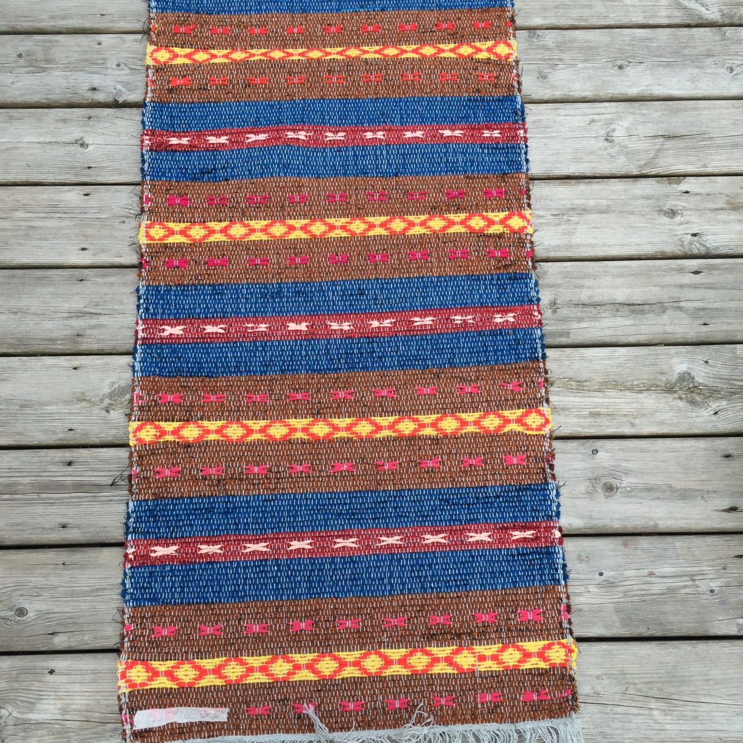 RR1424 Long 2.28m Vintage Swedish Rag Rug in Yellow Red Rust Orange