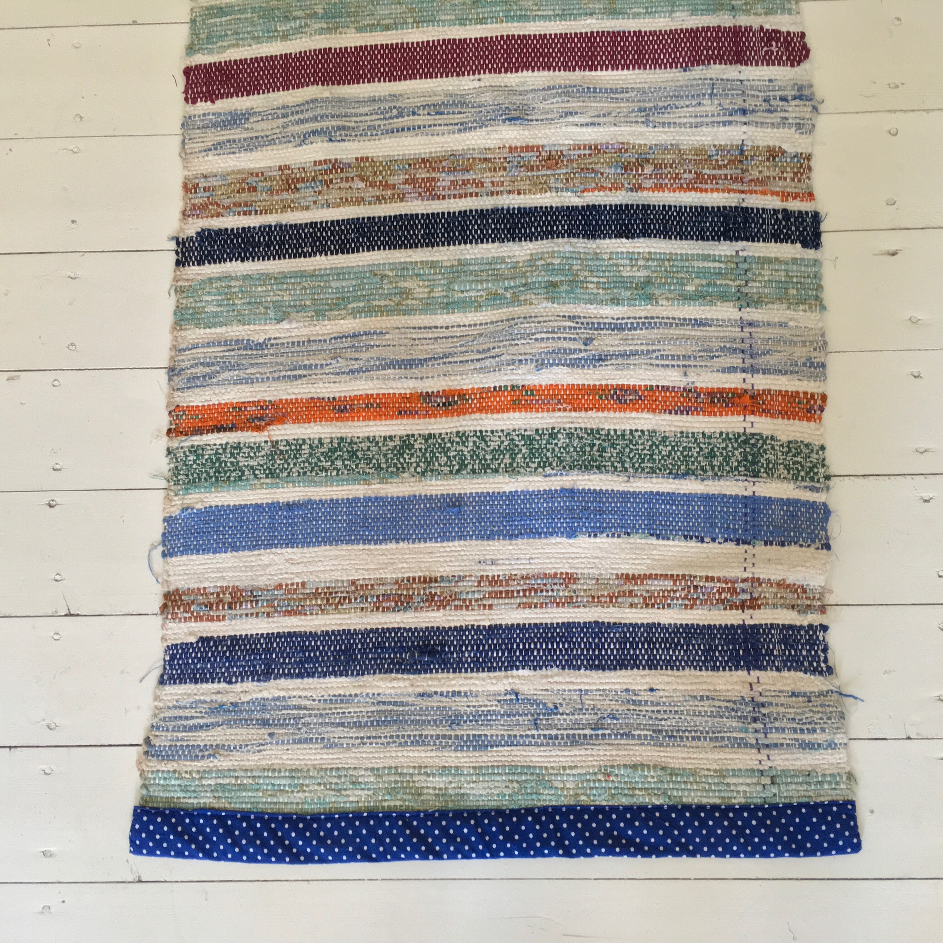 Vintage Swedish Rag Rug in Pale Blue,Green and Colored Stripey
