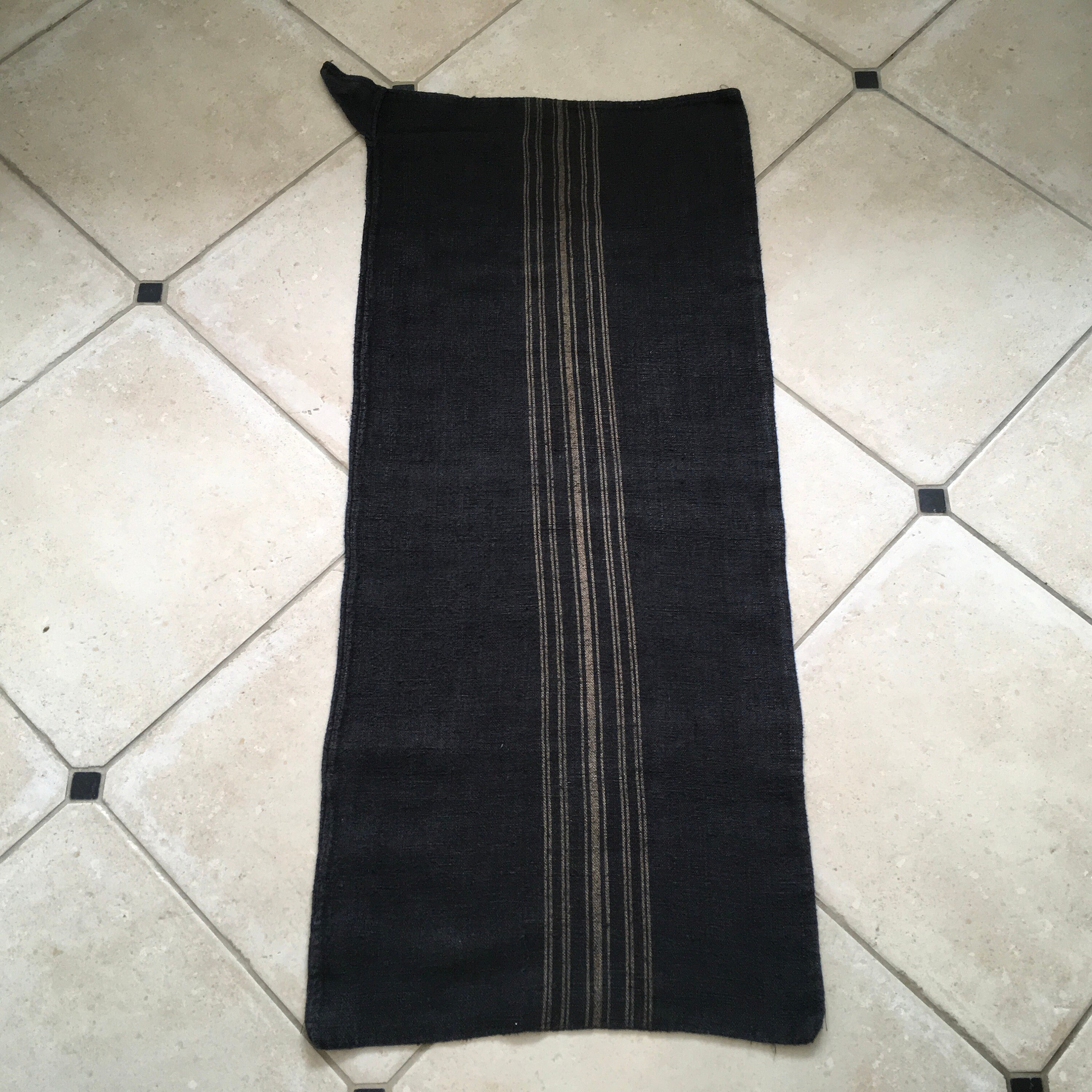 NS1849 Black Dyed Vintage Linen Grain Sack with Taupe Stripe Upholstery