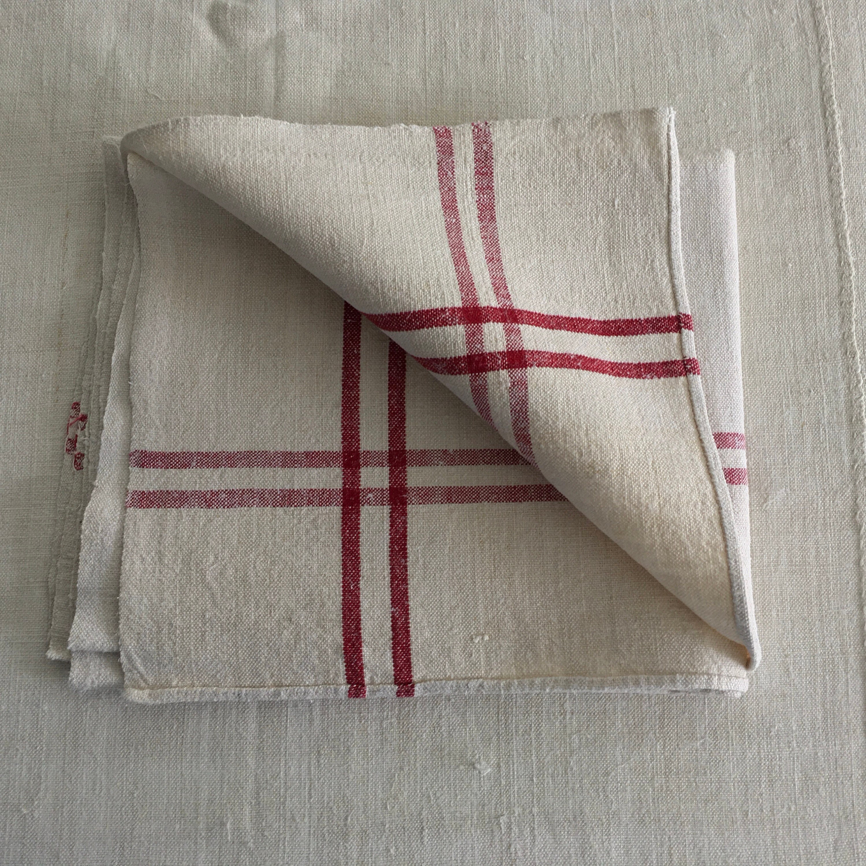 NTT1300 Red Maroon Striped Natural Limestone Vintage Linen Tea Towel