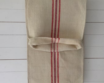 Natural Vintage Linen Grainsack Red and Fine Blue Stripe Sewing Projects Upholstery Bath Mat or Laundry Bag NS2156 Washed and Ready to Go