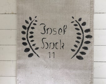 Natural Off White Vintage Linen Grain sack with Black Printed Name Sewing Projects Upholstery Bath Mat.   NS2153      Washed and ready to Go