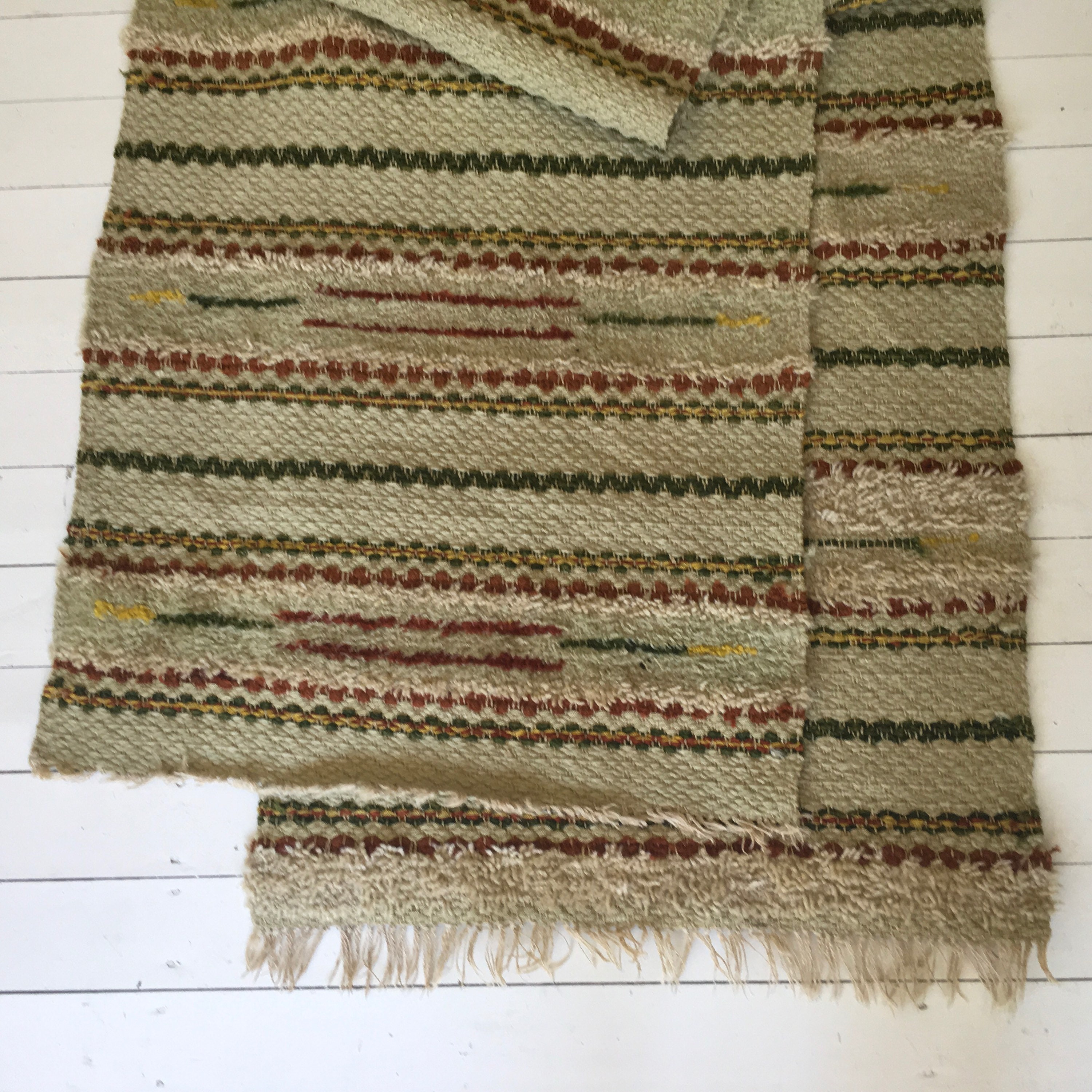 Vintage Swedish Rag Rug in Green,Yellow and Brown Colored Stripey Wool ...