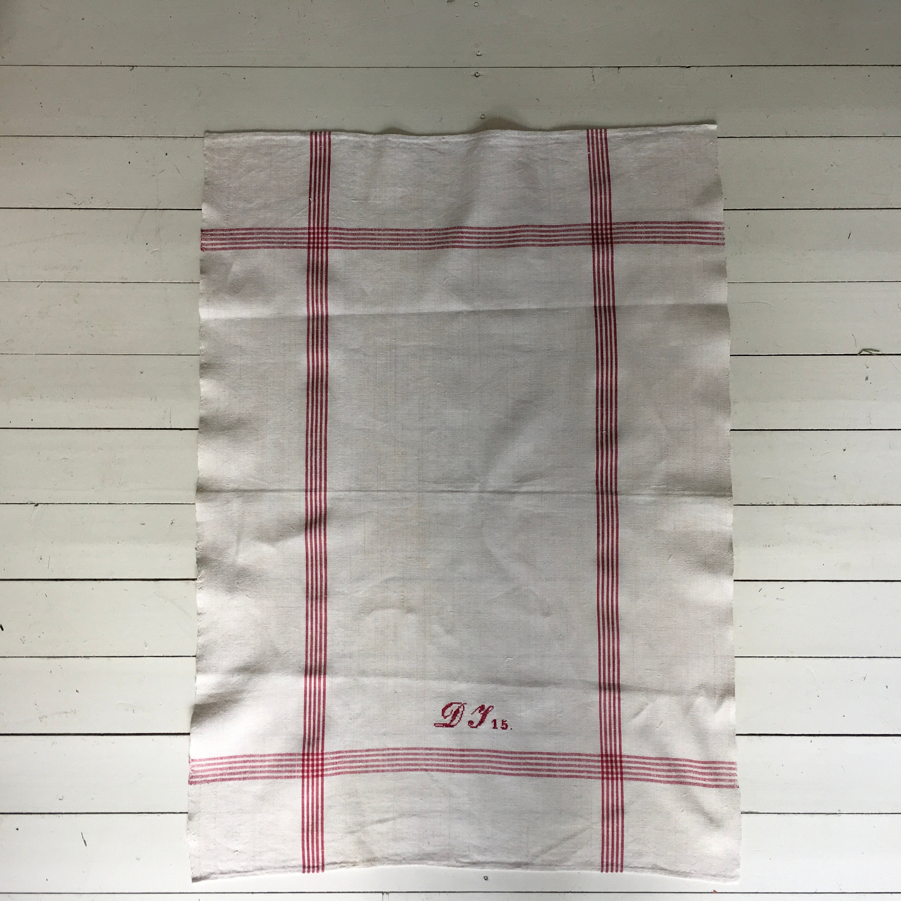 Red Monogrammed 'DJ'?? Tea Towel Limestone Vintage Linen Fabric