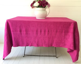 Soft Magenta Pink Hand Dyed Fine Hand Spun Linen Table Cloth Faded Rose Polka Dots Design Vintage Hungarian Table Setting  DTS2203