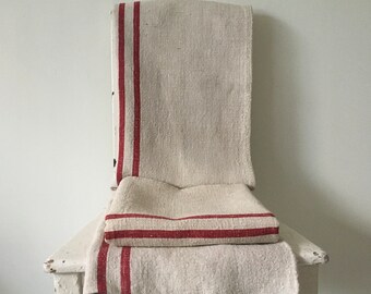 Off White with Red Stripe Vintage Linen Grainsack Sewing Projects Upholstery Bath Mat Table Runner Pillows NS2304 Washed and ready to go