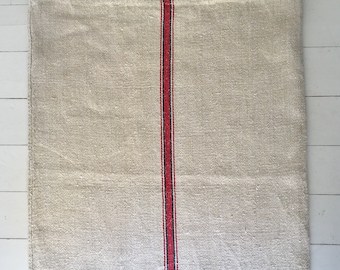 Sandy White Red & Green Stripe Vintage Linen Long Grainsack Sewing Projects Upholstery Bath Mat or Laundry Bag NS2165 Washed and ready to Go