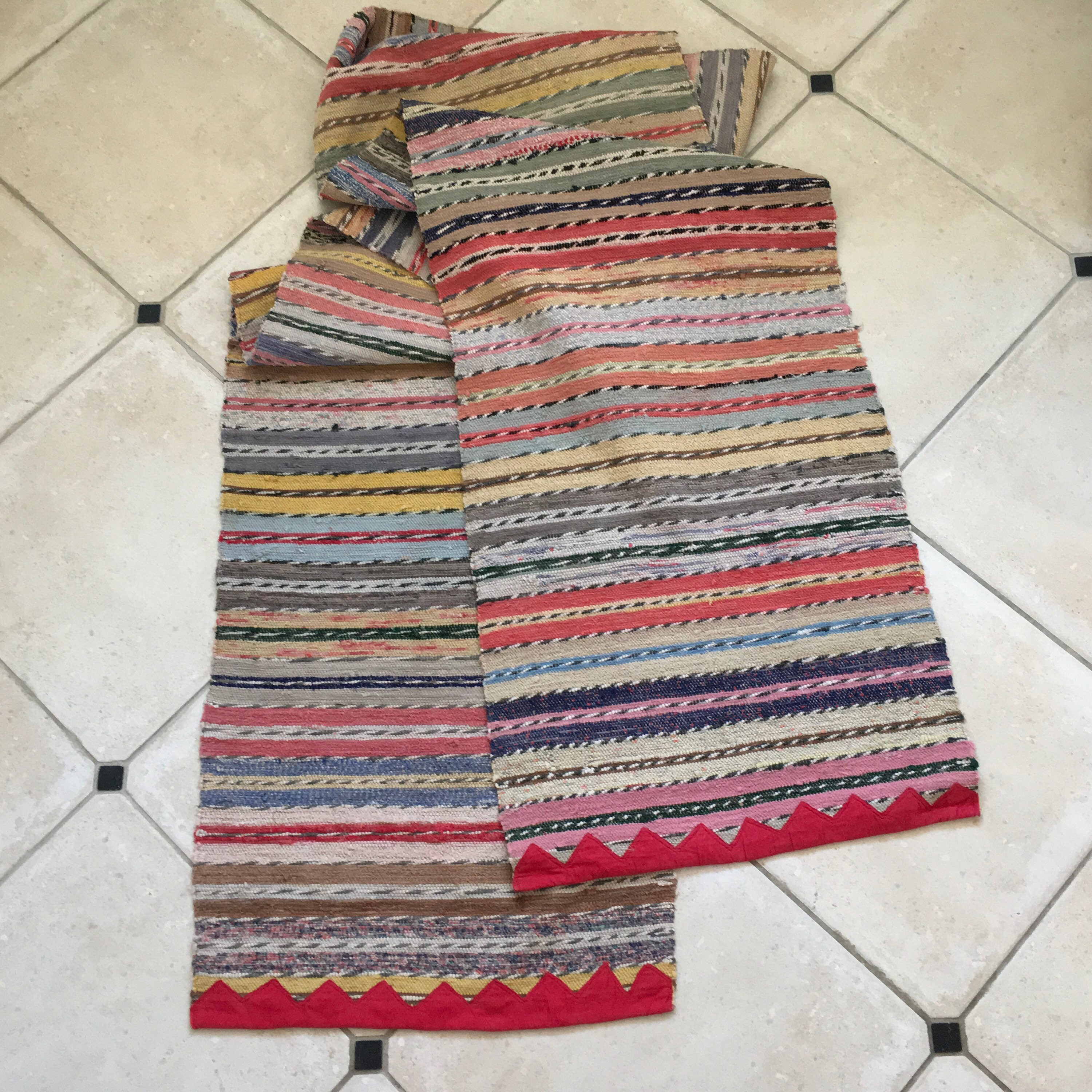 Vintage Swedish Rag Rug with Multi Colored Stripes Twist Weave