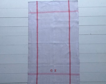 Red Stripe Tea towel Linen for with 'GE' Monogram Vintage Fabric Handmade Linen