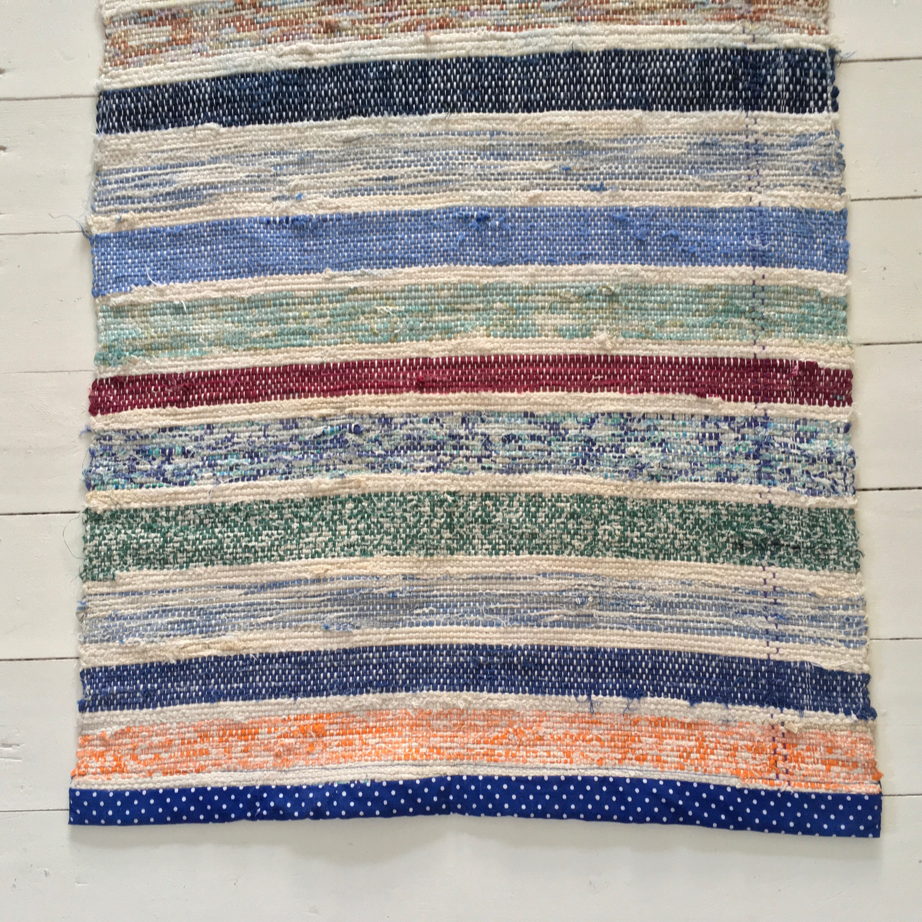 Vintage Swedish Rag Rug in Pale Blues,Greens Colored Stripey