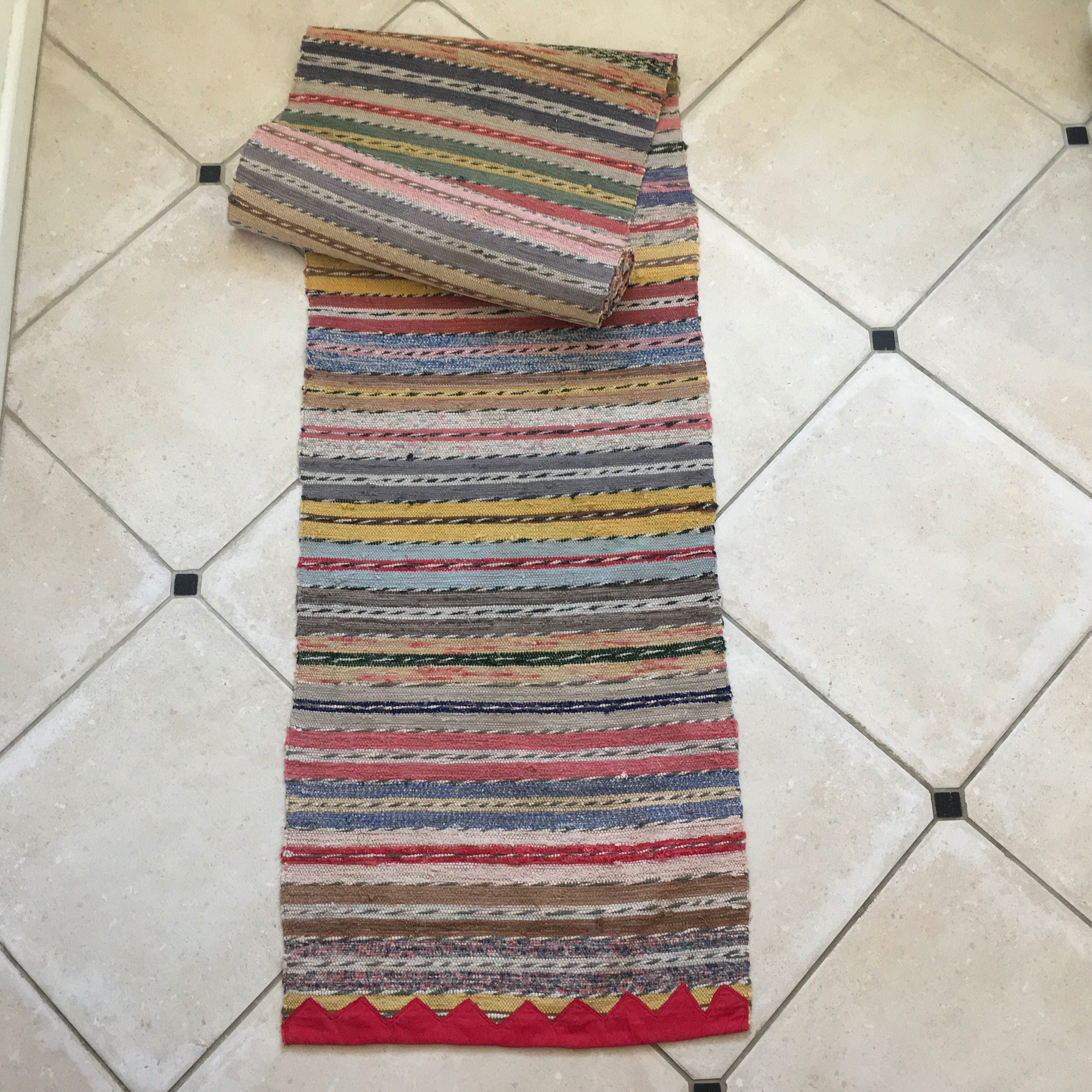 Vintage Swedish Rag Rug with Multi Colored Stripes Twist Weave