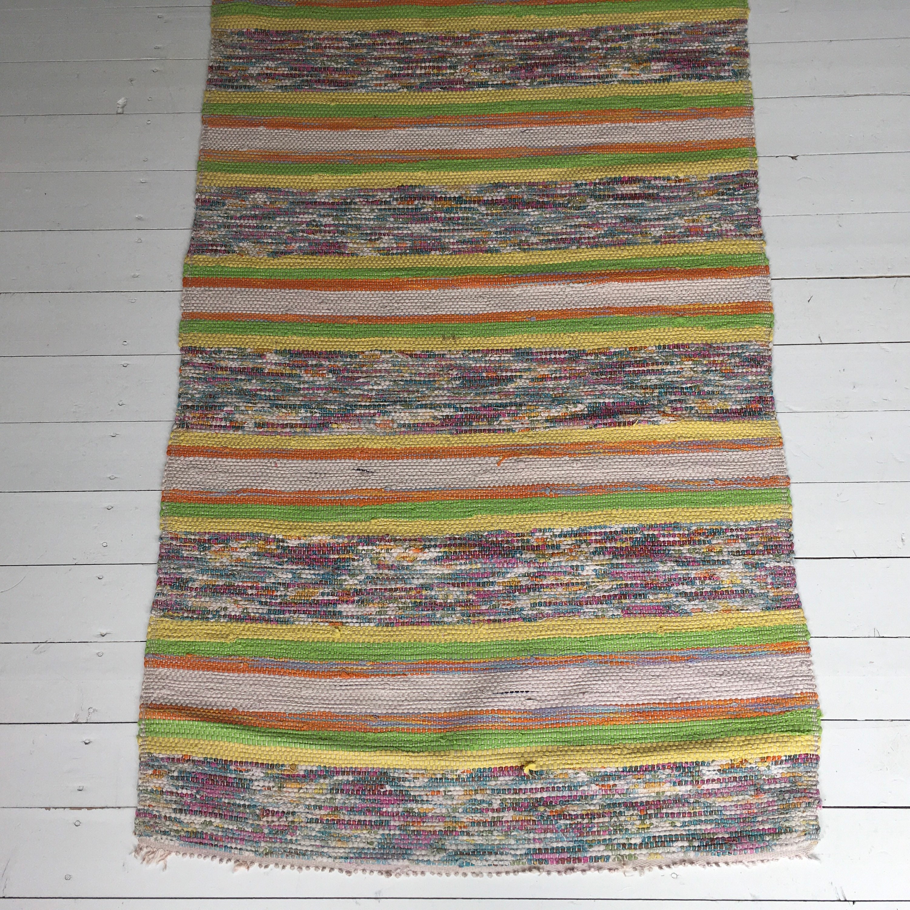 Vintage Swedish Rag Rug Yellow Lime Green and Natural Pastels Stripes