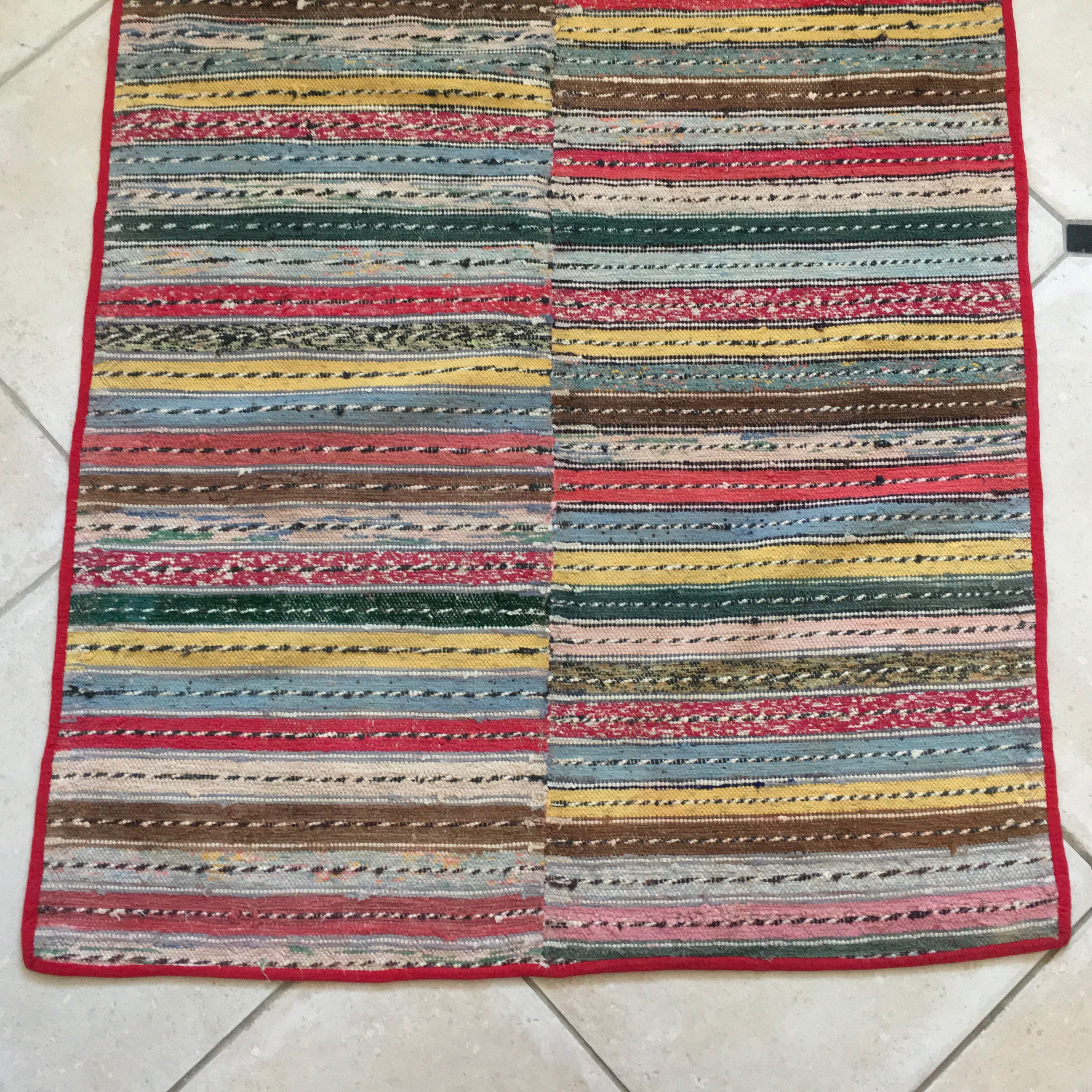 Vintage Swedish Rag Rug Double Width Multi Coloured Stripey