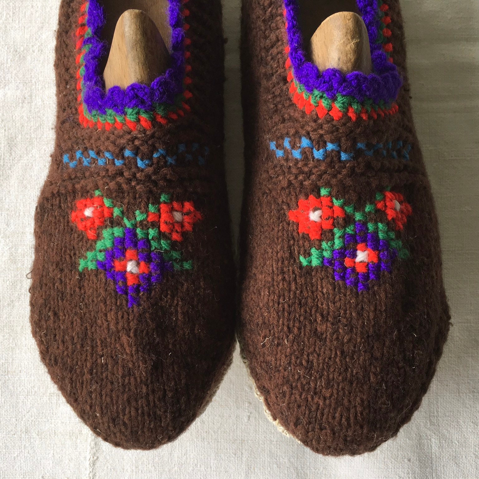 Handknitted Hungarian Slippers Recycled Linen Soles Lined