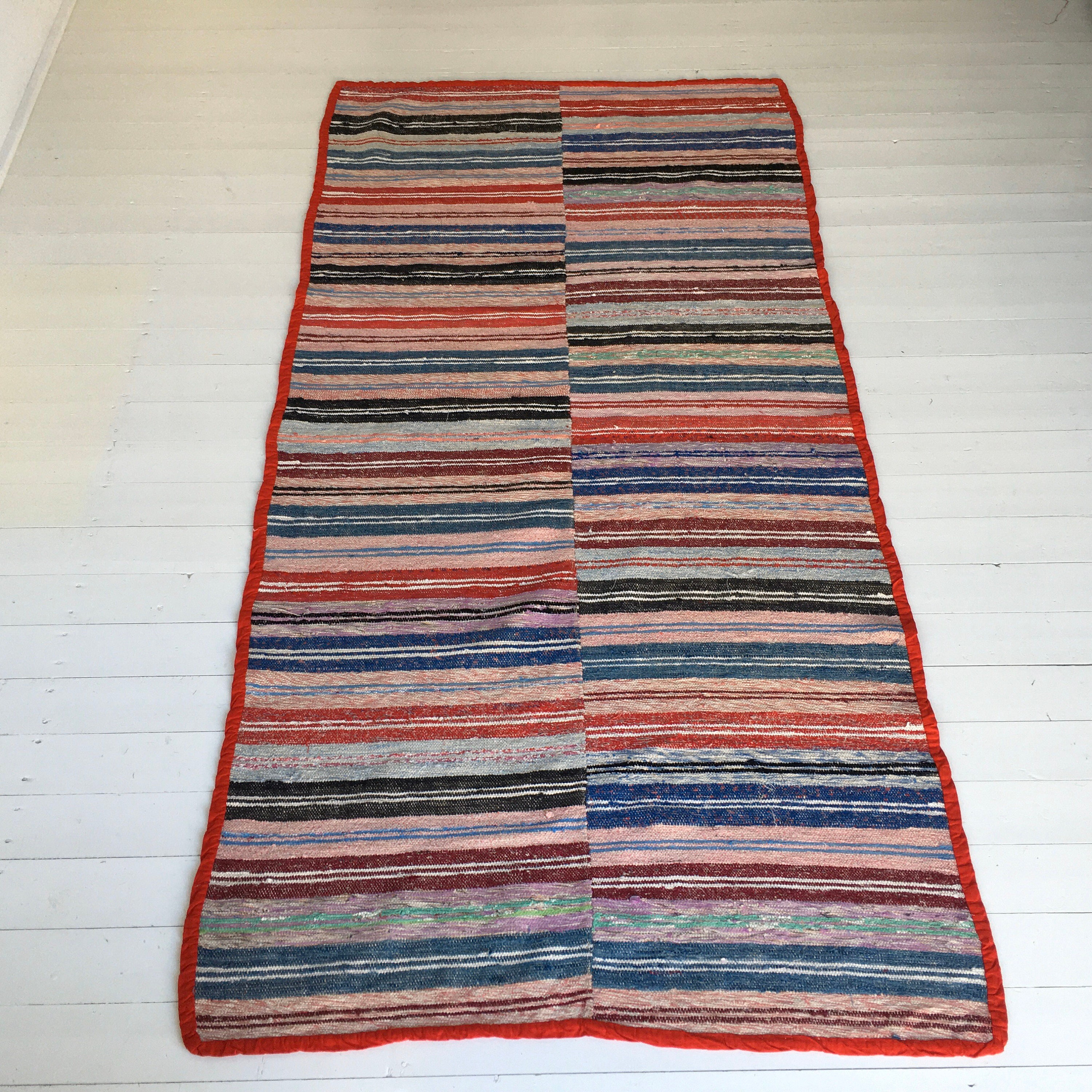 Vintage Swedish Rag Rug Double Width Multi Coloured Stripey Rag Rug