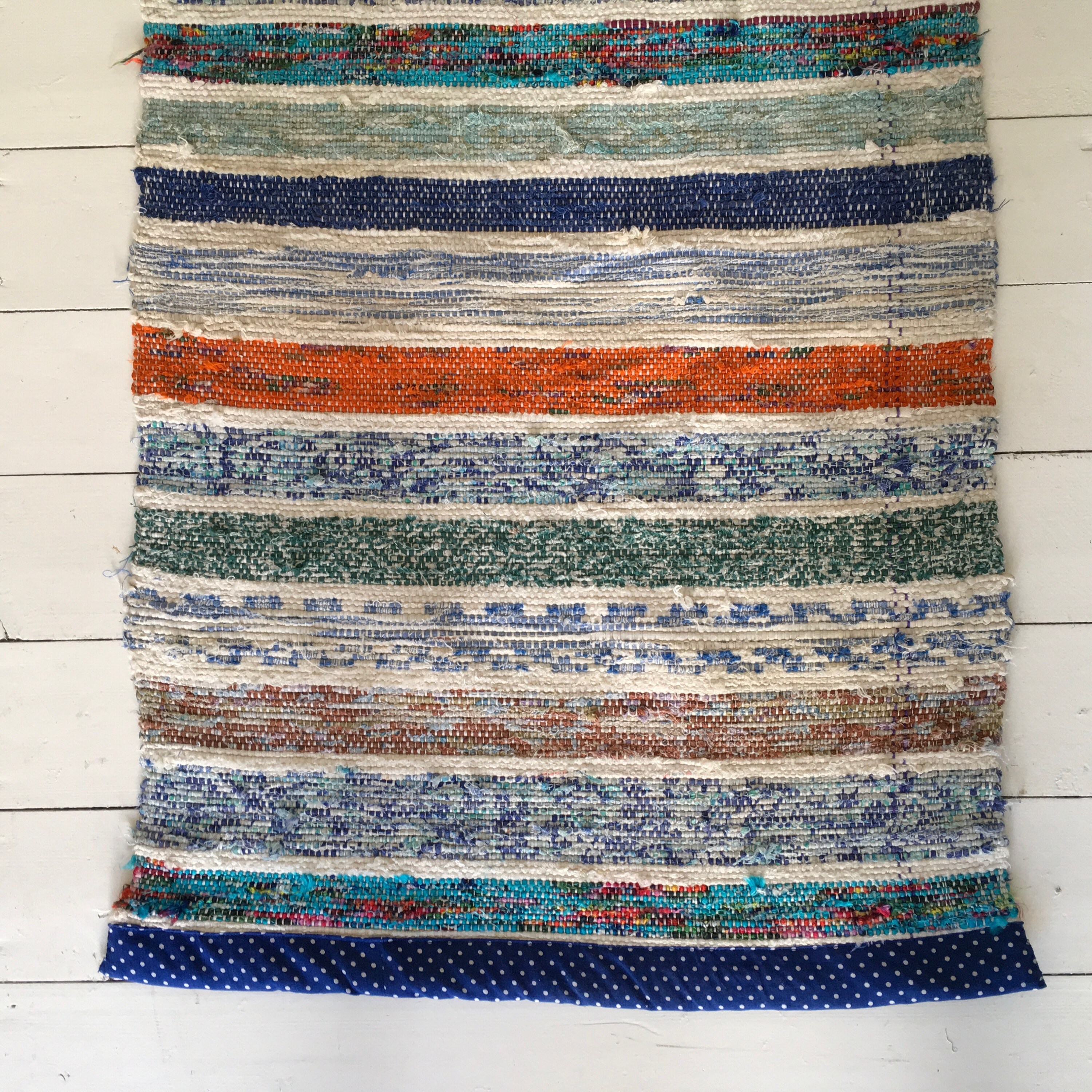 Vintage Swedish Rag Rug in Pale Blues,Greens and Colored Stripey