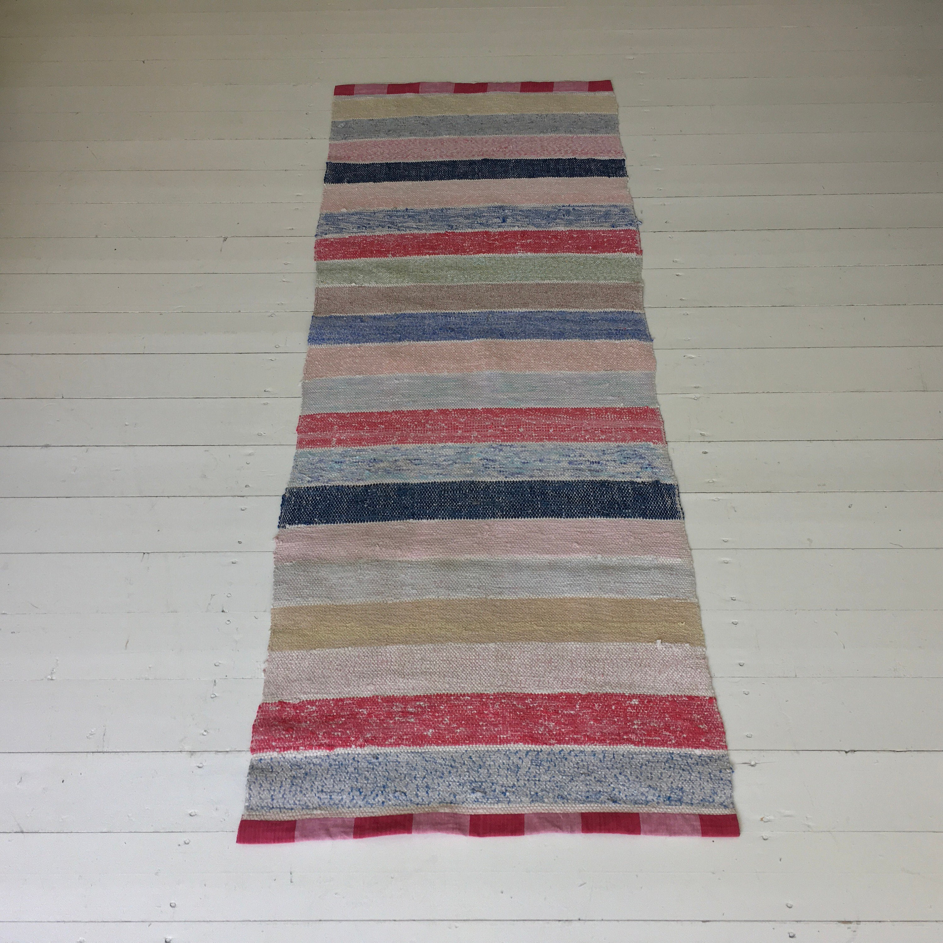 RR1829 Vintage Swedish Rag Rug in Colored Stripey Rag Rug