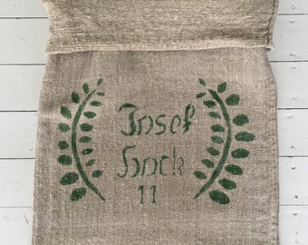 Natural Sandy Vintage Linen Grain Sack with Green Printed Name Sewing Projects Upholstery Bath Mat.   NS2166      Washed and ready to Go