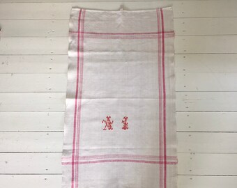 Pink Stripe Tea Towel Linen A I Mono Vintage Fabric Handmade Linen NTT1917