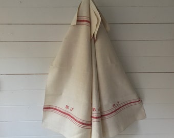 NTT2021 Red Stripe Linen Tea Towel Red Monogram Vintage Fabric Handmade Hand-spun Home-spun