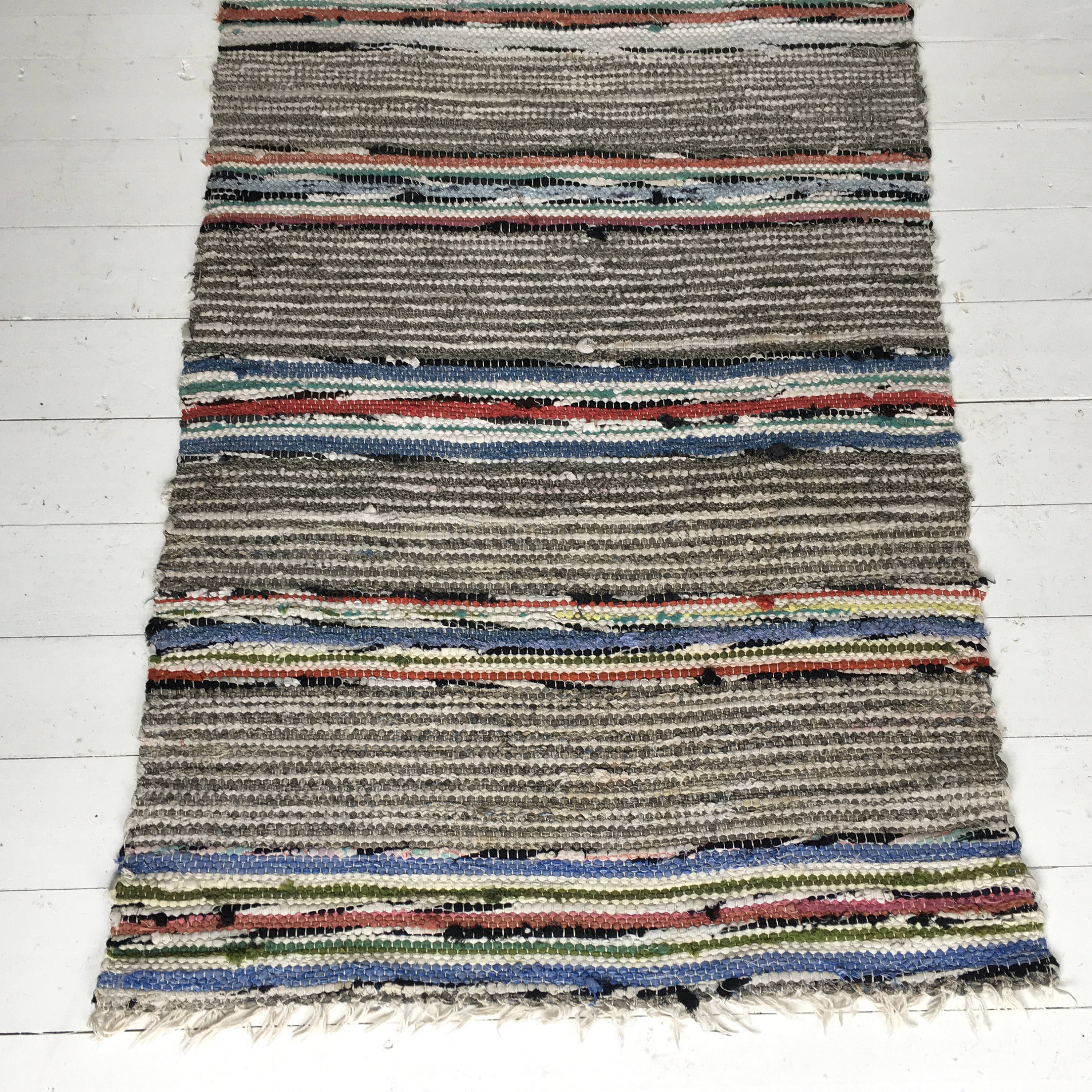 Vintage Swedish Rag Rug in Colored Patterned Stripey Bands