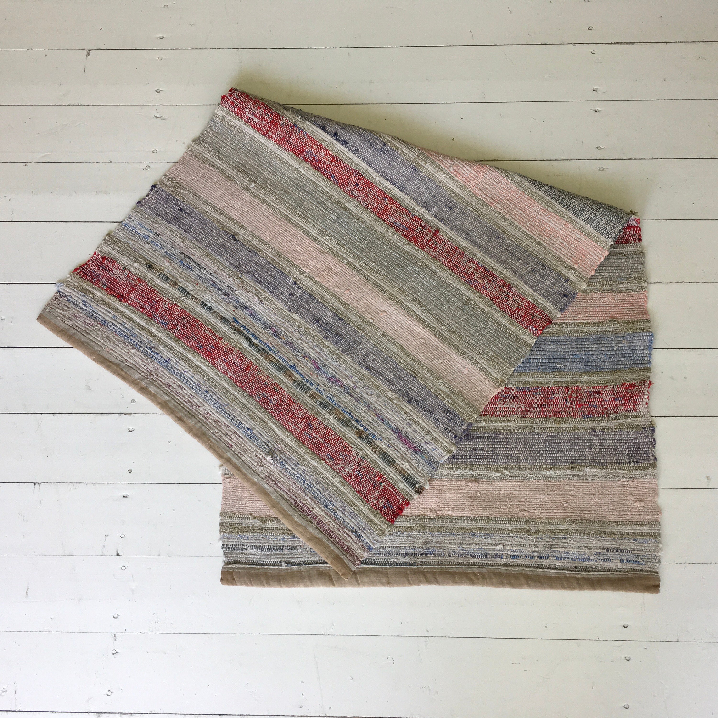 RR1828 Vintage Swedish Rag Rug in Colored Stripey Rag Rug