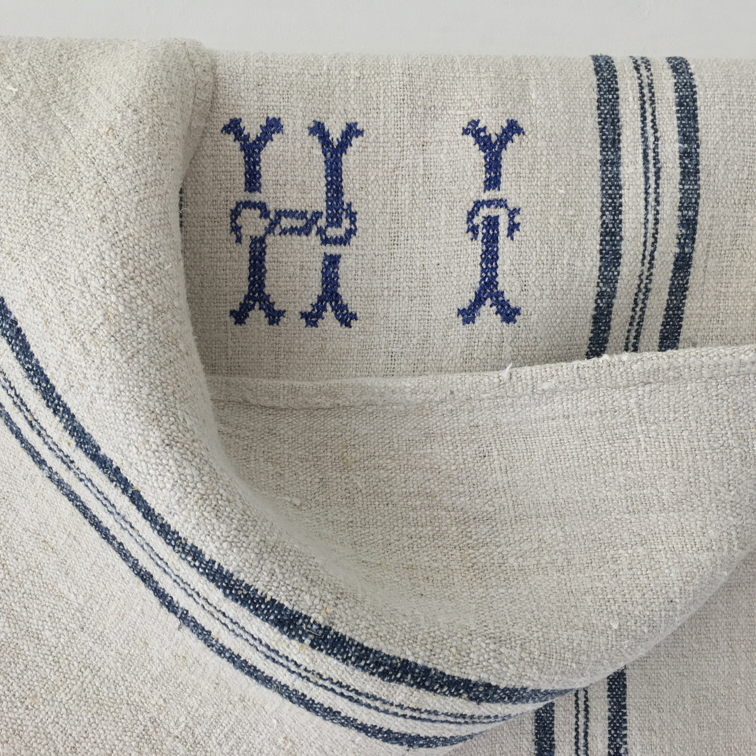 Navy Blue Double Stripes H I Monogram Stone Vintage Linen Grainsack