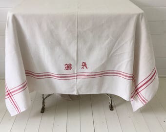 NCT404 Red Stripe Tablecloth Linen for Cafe Tables Small Tables with Monograms Vintage Fabric Handmade Linen