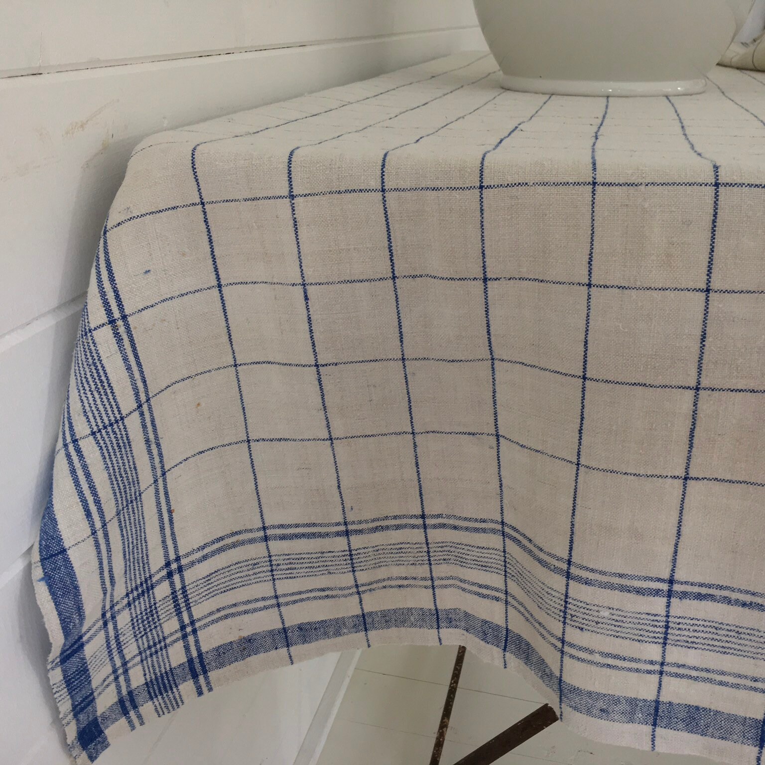 Blue Checked Stripe Tablecloth Linen for Cafe Tables