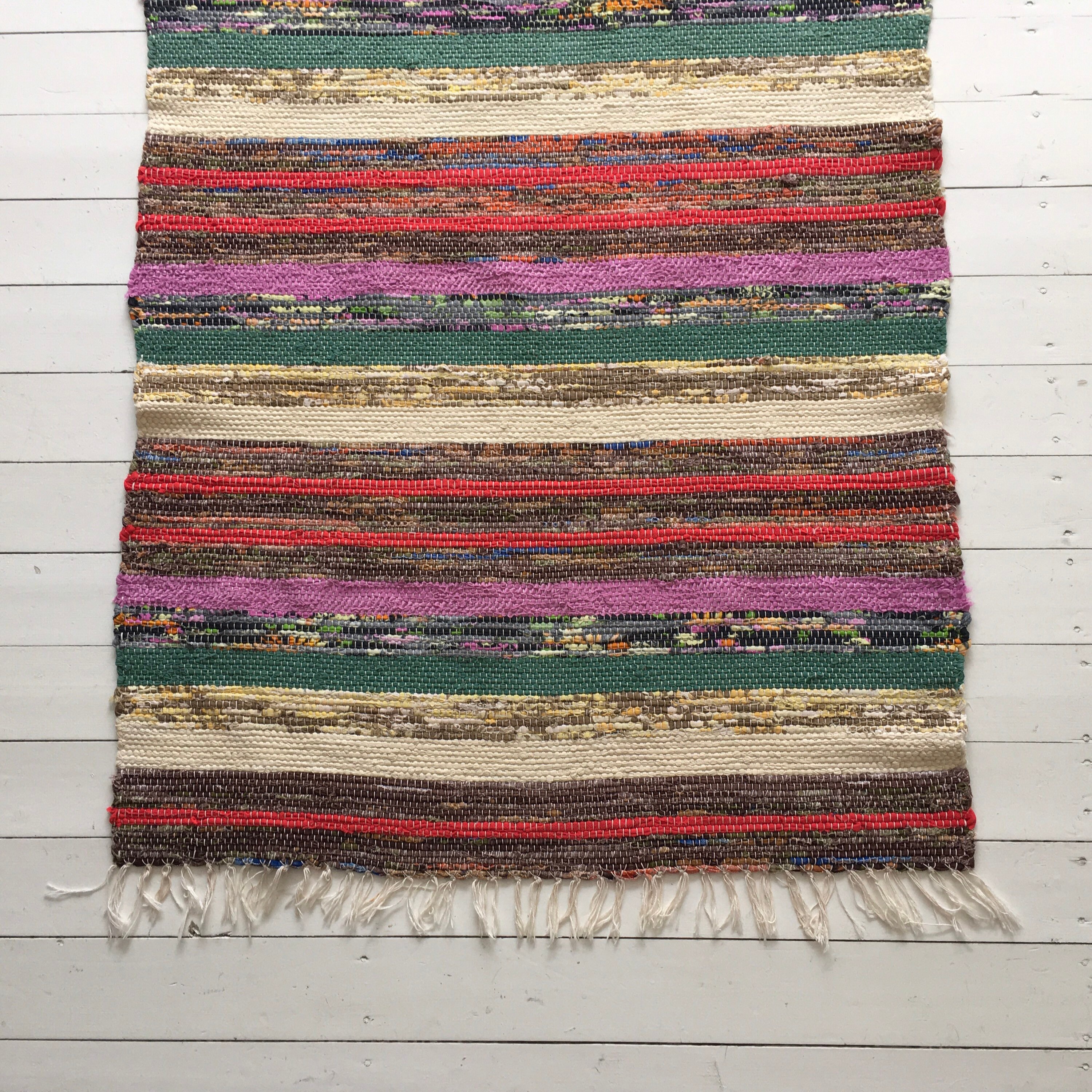 RR1612 Vintage Swedish Rag Rug in Purple Green Brown Colored Stripey