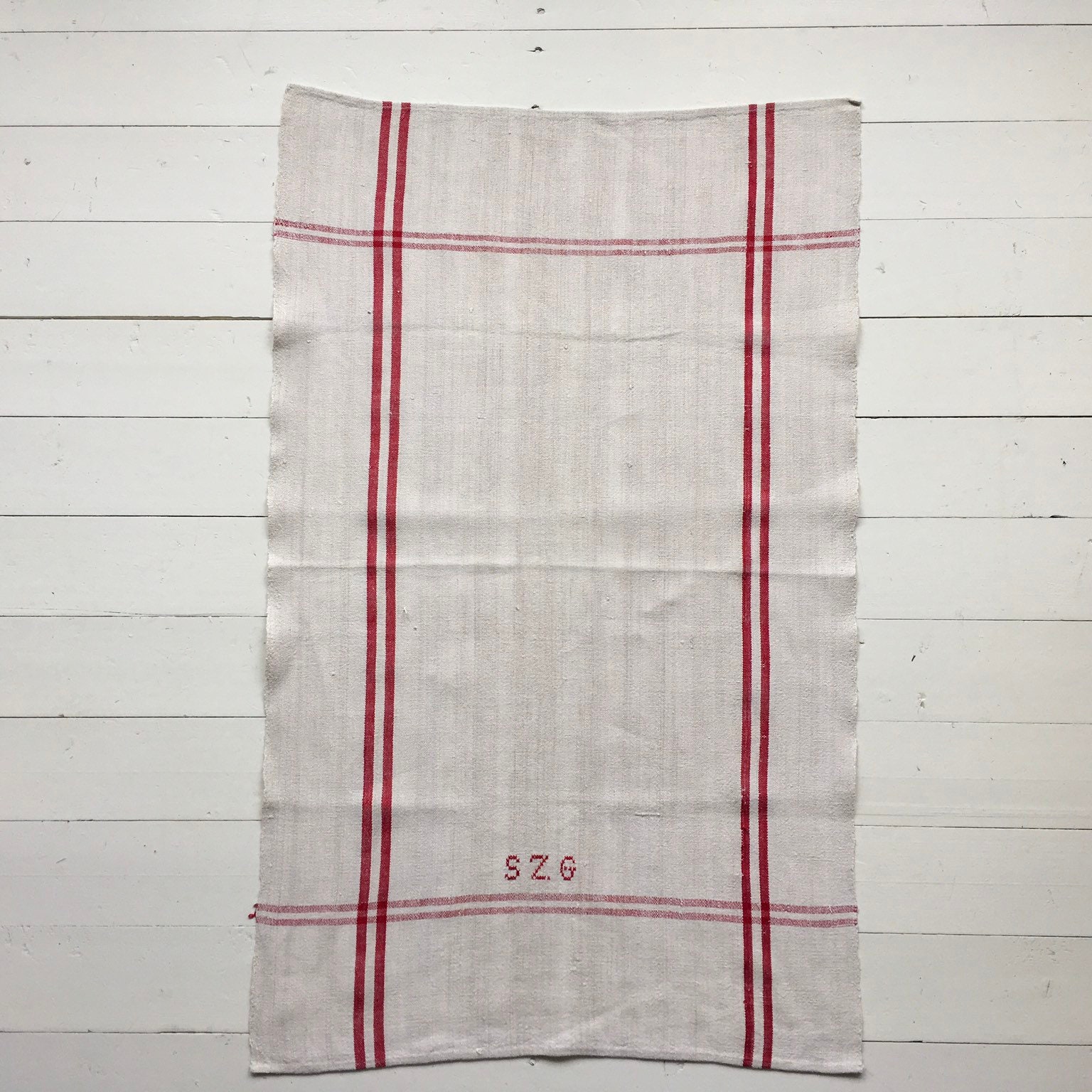 NTT1910 Red Stripe Tea Towel Linen for with 'SZG' Monogram Vintage Fabric Handmade Linen