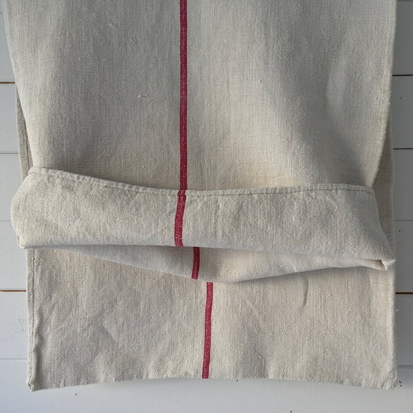 Off White Pink Red Stripe Vintage Linen Grainsack Fabric Sewing Projects Upholstery Bath Mat or Laundry Bag NS2163 Washed and ready to Go