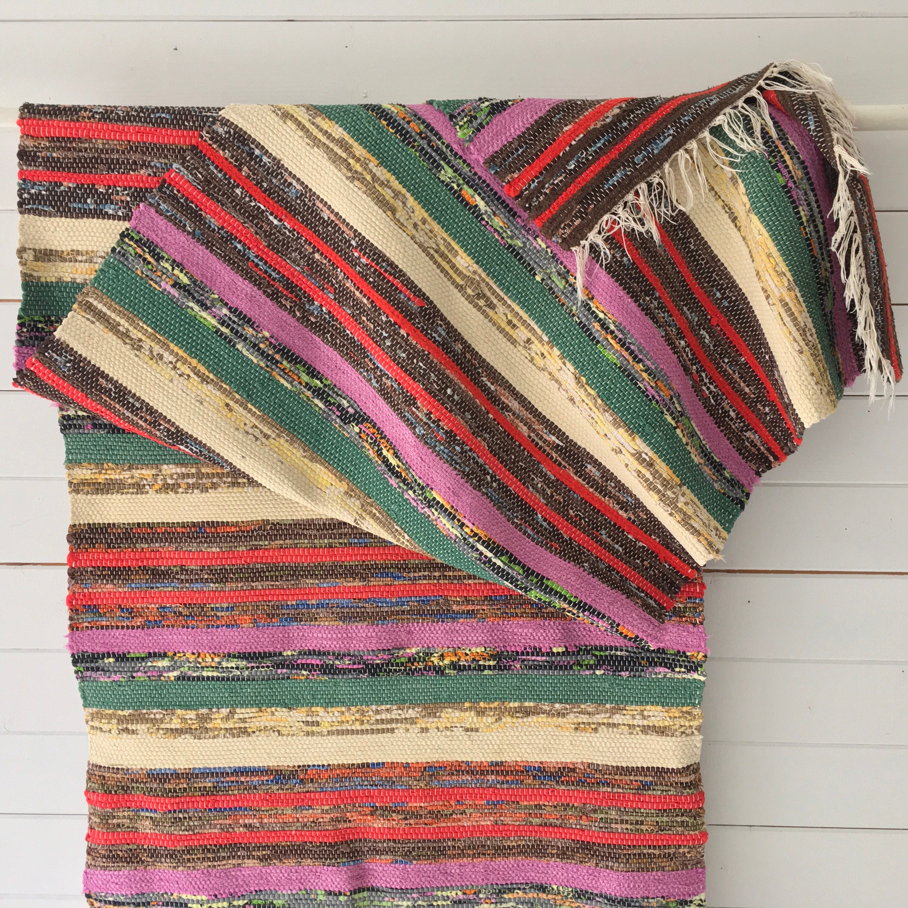 RR1612 Vintage Swedish Rag Rug in Purple Green Brown Colored Stripey