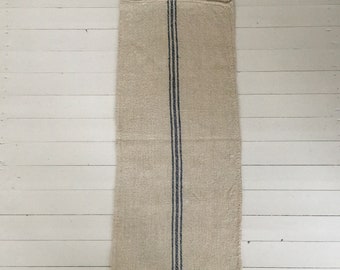 Blue Grey Faded Stripe on Stone Natural Vintage Linen Grainsack Sewing Projects Upholstery Bath Mat or Laundry Bag NS2104 Washed ready to Go