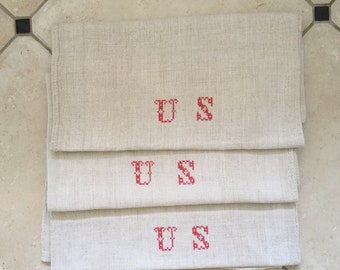 Monogrammed 'US' Natural Limestone Vintage Linen Grainsack Fabric Striped Sewing Projects Upholstery Bath Mat or Laundry Bag