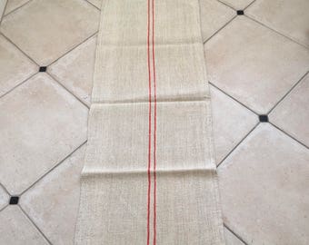Orange Cadmium Stripe Twill Natural Sandstone Vintage Linen Sewing Upholstery Bath Mat Laundry Bag         NS1342 Washed and ready to Go