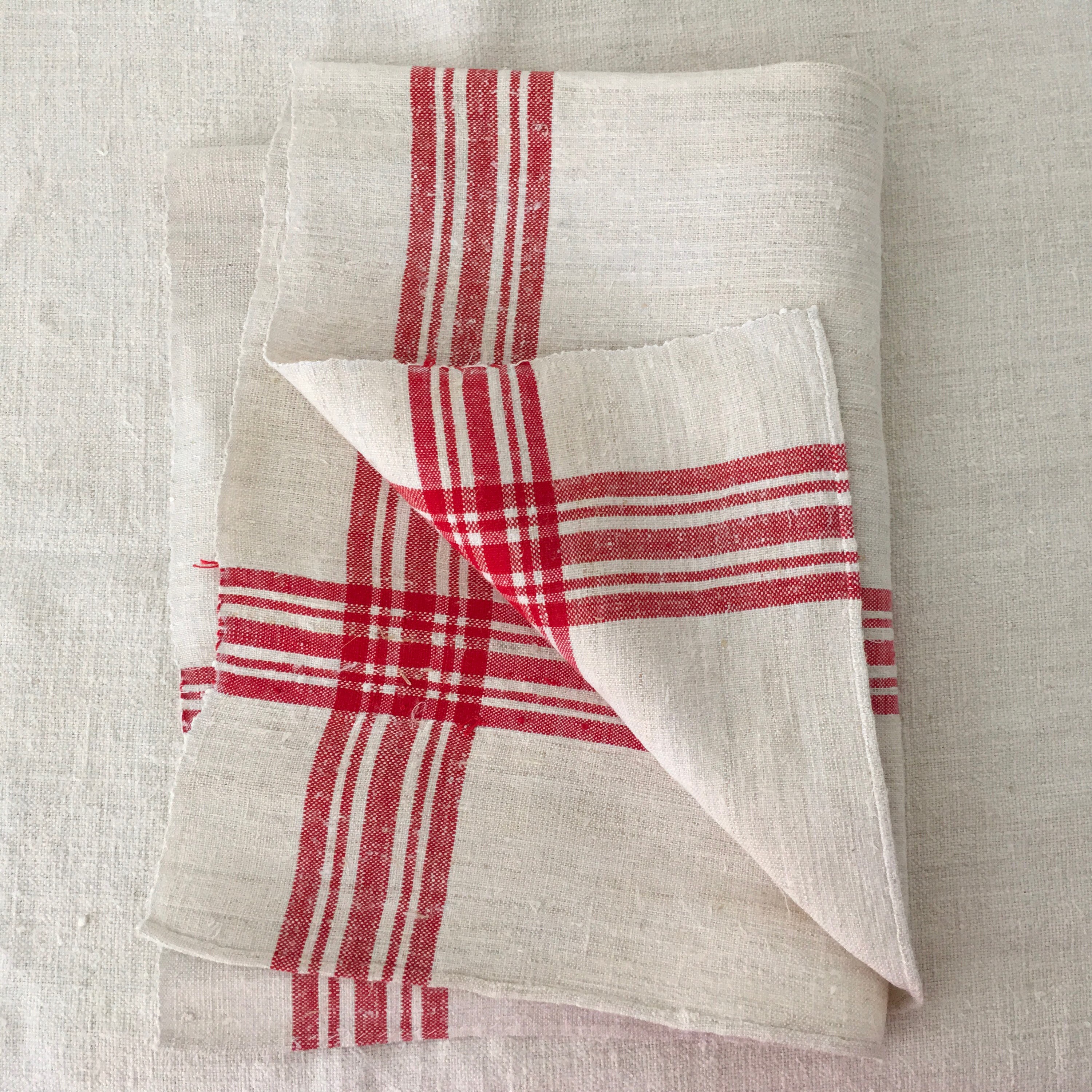 Red Stripe Tea Towel Linen Vintage Fabric Handmade Linen