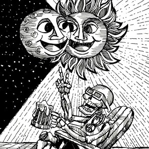 May include: A black and white illustration of a skeleton sitting in a lawn chair with a beer in one hand and a peace sign in the other. The sun and moon are smiling in the background.