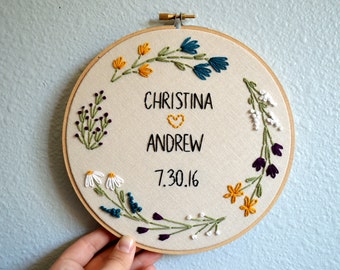 Wedding Embroidery Hoop - Custom with Couple's Names, Newlywed Gift, Wedding Anniversary Gift, Custom Names Sign, Floral Wreath Embroidery