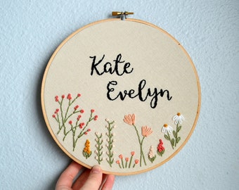 Custom Name Embroidery Hoop, Baby Name Embroidery, Nursery Wall Art, Embroidery Hoop Art, Baby Shower Gift, Wildflower Name Sign