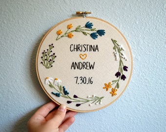 Wedding Embroidery Hoop - Custom with Couple's Names, Newlywed Gift, Wedding Anniversary Gift, Custom Names Sign, Floral Wreath Embroidery