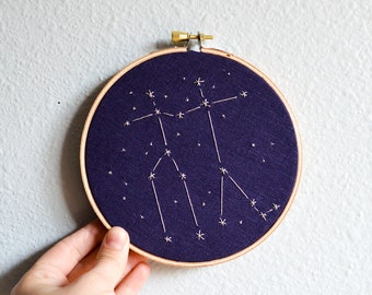 Gemini Constellation Embroidery Hoop Art - Zodiac Star Sign, Astrology Wall Hanging, Hand Embroidered Gemini Gift, Starry Sky