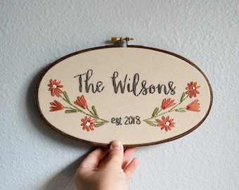 Family Name Embroidery Hoop, Custom Sign, Flowers Anniversary, Linen Anniversary by BreezebotPunch, Gallery Wall, Wedding Gift, Home Decor