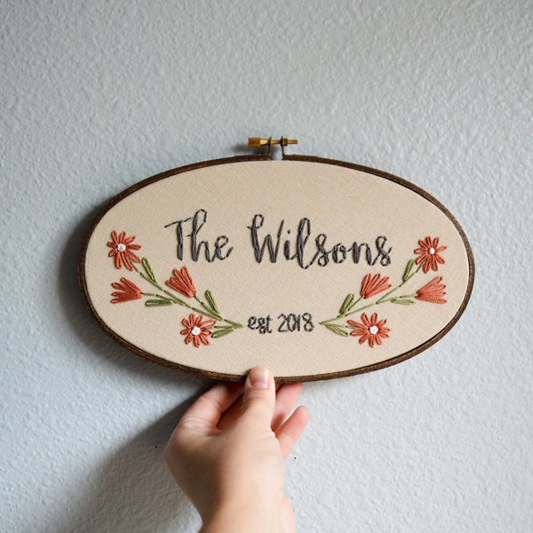 Family Name Embroidery Hoop, Custom Sign, Flowers Anniversary, Linen Anniversary by BreezebotPunch, Gallery Wall, Wedding Gift, Home Decor