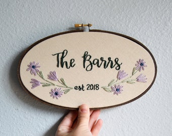 Custom Wedding Embroidery Hoop, Anniversary Gift, Wildflowers Last Name Sign, Family Name Sign, Housewarming Gift, Colorful Wall Art