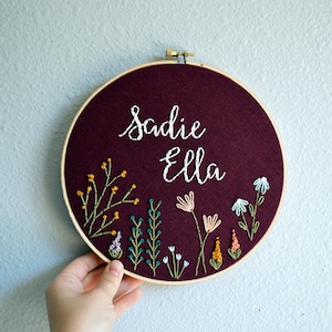 Baby Name Embroidery Hoop Art, Custom name embroidery, new baby gift, Nursery Wall Art, Baby Shower Gift, wildflower circle, needlepoint