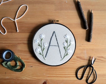 Initial Embroidery Hoop - Nursery Wall Art - Embroidered Hoop Art, Flowers, Custom Monogram, Home Decor, Handmade Sign