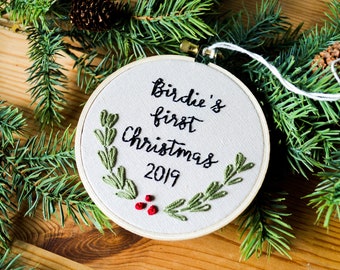 Baby's First Christmas Ornament, 4 Inch Custom Name Embroidery Hoop Ornament, Holiday Decor, Handmade New Baby Gift, Christmas Tree