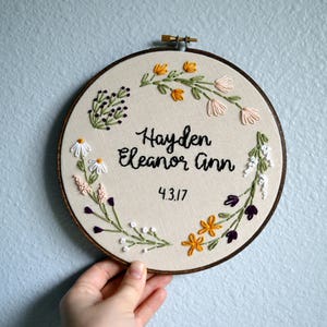 Custom Name Embroidery Hoop, Baby Name Embroidery, Nursery Wall Art, Embroidery Hoop Art, Baby Shower Gift, Wildflower wreath name sign