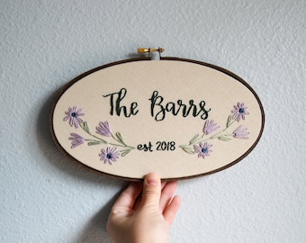 Finished embroidery hoop, Custom Wedding Embroidery Hoop, Anniversary Gift, Wildflowers Last Name Sign, Family Name Sign, Housewarming Gift